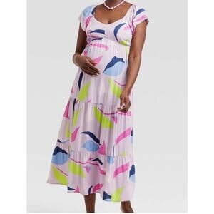 Isabel Womens L Purple Abstract Short Flutter Sleeve Midi Maternity Dress Soft